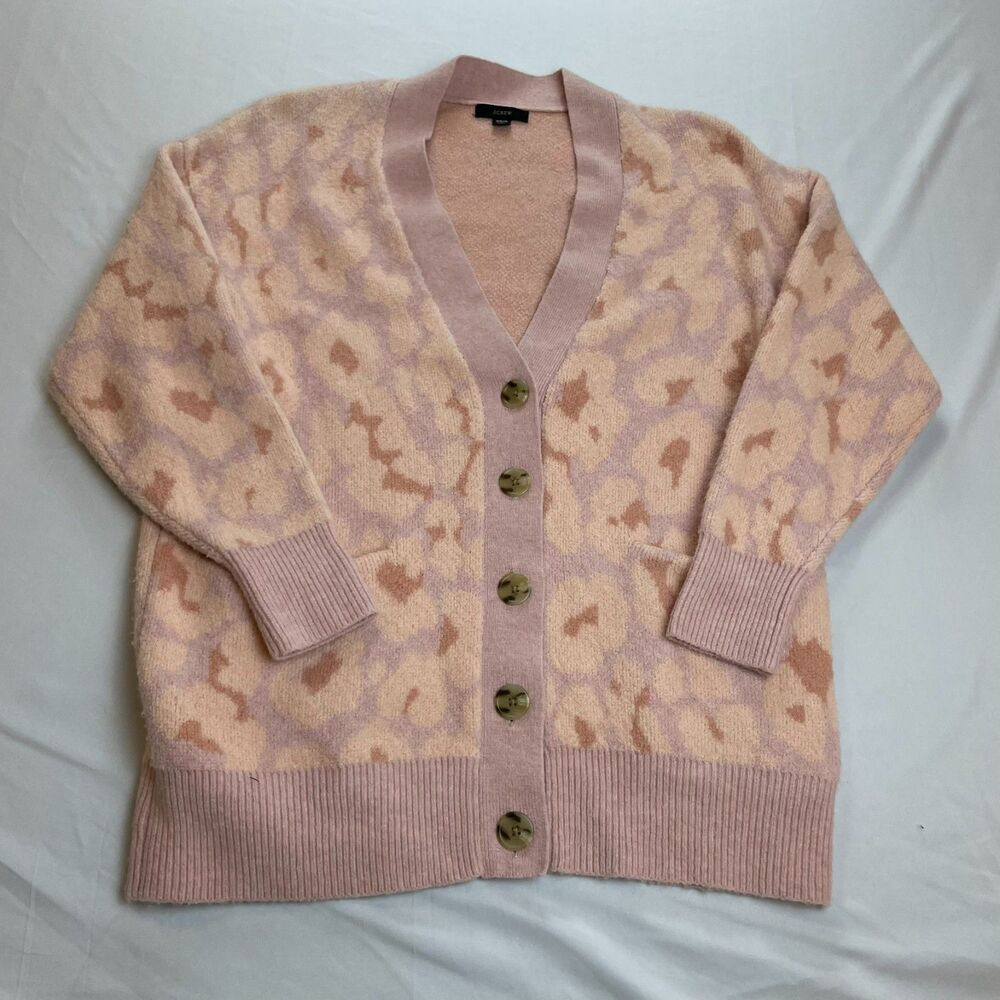 J.Crew Oversized Leopard Print Cardigan Sweater Pink Blush Gray XS/S Thick Knit